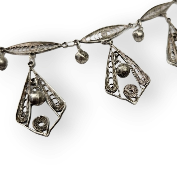 VINTAGE Sterling Filigree Necklace Chain Turkish Style Leaves Flowers 925 Silver - Picture 5 of 11
